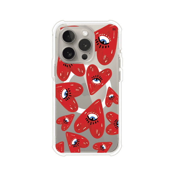 Funda para iPhone con diseño de corazones rojos ilustrados con ojos al centro. Estilo artístico, llamativo y original. Ideal para quienes buscan un accesorio único. Diseño de Remark MX