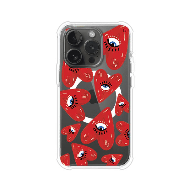 Funda para iPhone con diseño de corazones rojos ilustrados con ojos al centro. Estilo artístico, llamativo y original. Ideal para quienes buscan un accesorio único. Diseño de Remark MX