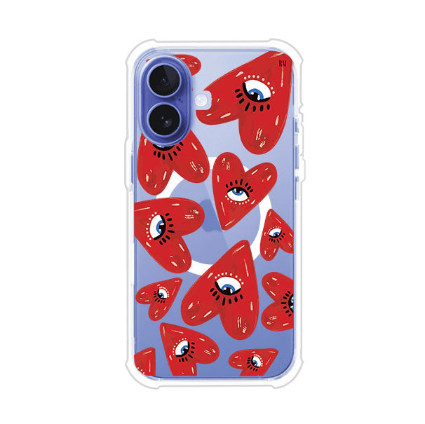 Funda para iPhone con diseño de corazones rojos ilustrados con ojos al centro. Estilo artístico, llamativo y original. Ideal para quienes buscan un accesorio único. Diseño de Remark MX