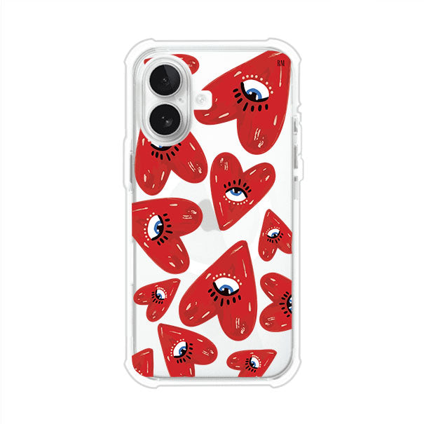 Funda para iPhone con diseño de corazones rojos ilustrados con ojos al centro. Estilo artístico, llamativo y original. Ideal para quienes buscan un accesorio único. Diseño de Remark MX