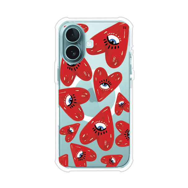 Funda para iPhone con diseño de corazones rojos ilustrados con ojos al centro. Estilo artístico, llamativo y original. Ideal para quienes buscan un accesorio único. Diseño de Remark MX