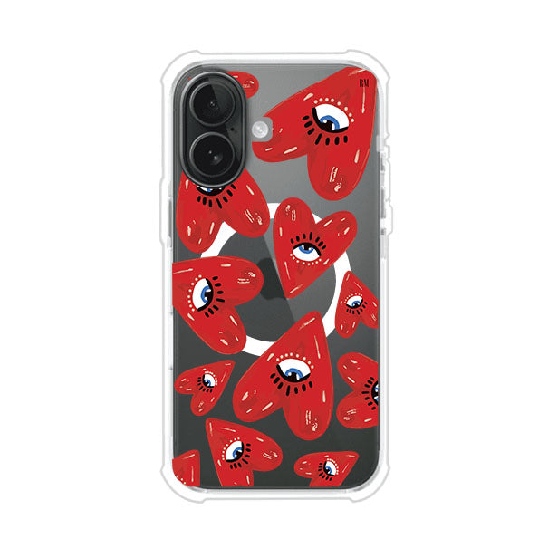 Funda para iPhone con diseño de corazones rojos ilustrados con ojos al centro. Estilo artístico, llamativo y original. Ideal para quienes buscan un accesorio único. Diseño de Remark MX