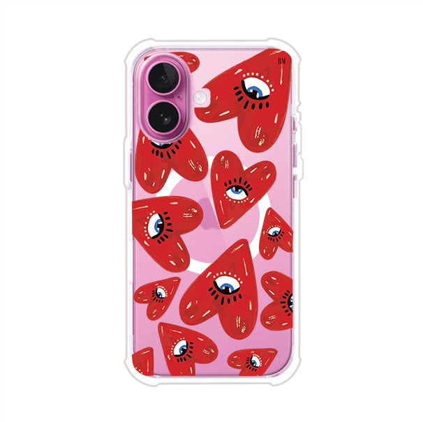 Funda para iPhone con diseño de corazones rojos ilustrados con ojos al centro. Estilo artístico, llamativo y original. Ideal para quienes buscan un accesorio único. Diseño de Remark MX