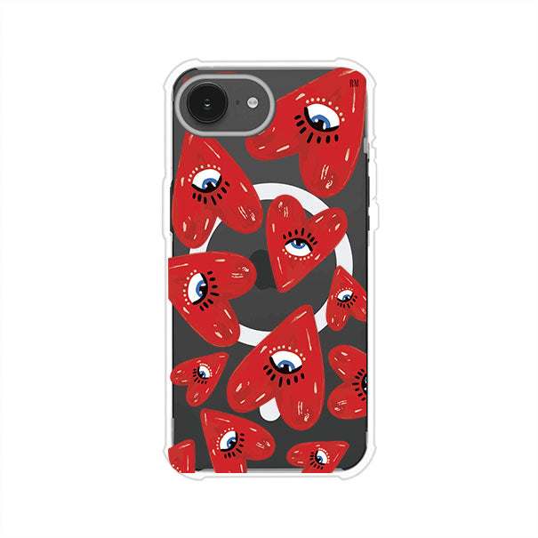 Funda para iPhone con diseño de corazones rojos ilustrados con ojos al centro. Estilo artístico, llamativo y original. Ideal para quienes buscan un accesorio único. Diseño de Remark MX