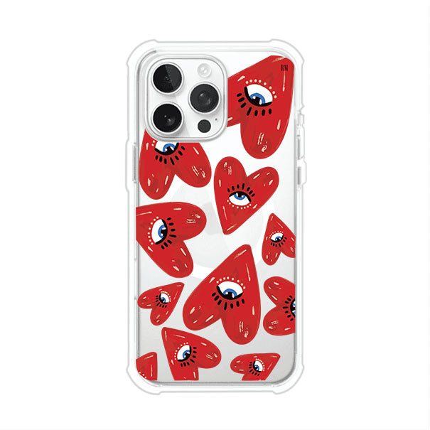 Funda para iPhone con diseño de corazones rojos ilustrados con ojos al centro. Estilo artístico, llamativo y original. Ideal para quienes buscan un accesorio único. Diseño de Remark MX
