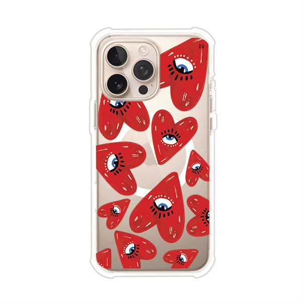 Funda para iPhone con diseño de corazones rojos ilustrados con ojos al centro. Estilo artístico, llamativo y original. Ideal para quienes buscan un accesorio único. Diseño de Remark MX