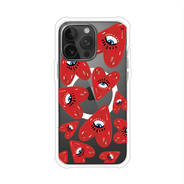 Funda para iPhone con diseño de corazones rojos ilustrados con ojos al centro. Estilo artístico, llamativo y original. Ideal para quienes buscan un accesorio único. Diseño de Remark MX