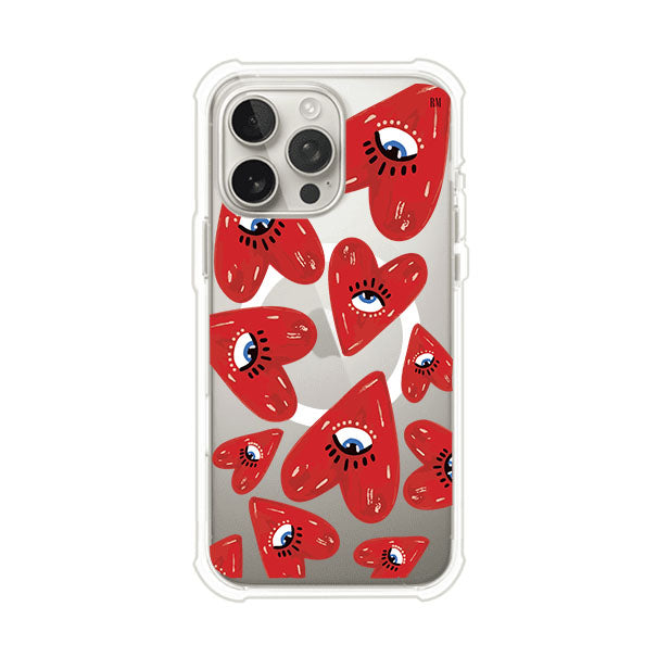Funda para iPhone con diseño de corazones rojos ilustrados con ojos al centro. Estilo artístico, llamativo y original. Ideal para quienes buscan un accesorio único. Diseño de Remark MX