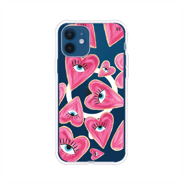 Funda para iPhone con corazones rosas ilustrados y ojos, diseño artístico y romántico. Ideal para expresar amor con estilo. Producto de Remark Mx