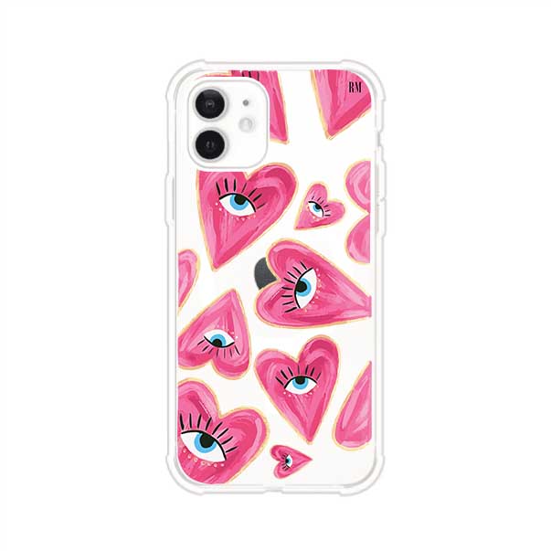 Funda para iPhone con corazones rosas ilustrados y ojos, diseño artístico y romántico. Ideal para expresar amor con estilo. Producto de Remark Mx