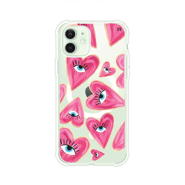 Funda para iPhone con corazones rosas ilustrados y ojos, diseño artístico y romántico. Ideal para expresar amor con estilo. Producto de Remark Mx