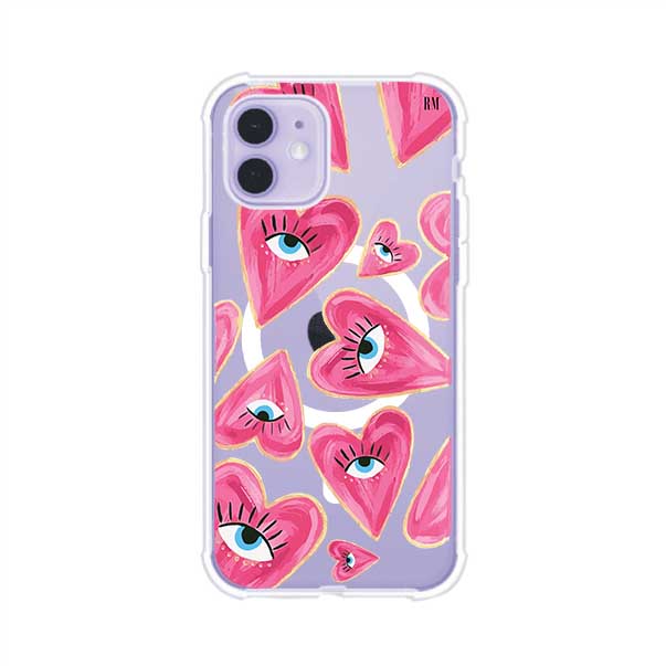 Funda para iPhone con corazones rosas ilustrados y ojos, diseño artístico y romántico. Ideal para expresar amor con estilo. Producto de Remark Mx