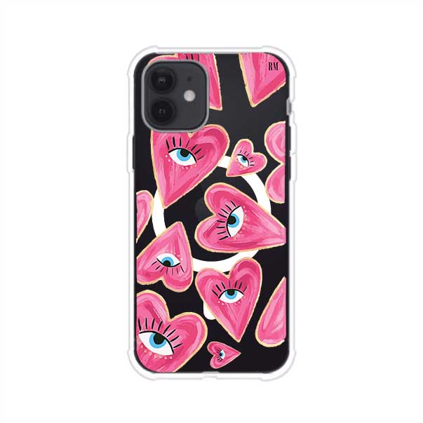 Funda para iPhone con corazones rosas ilustrados y ojos, diseño artístico y romántico. Ideal para expresar amor con estilo. Producto de Remark Mx