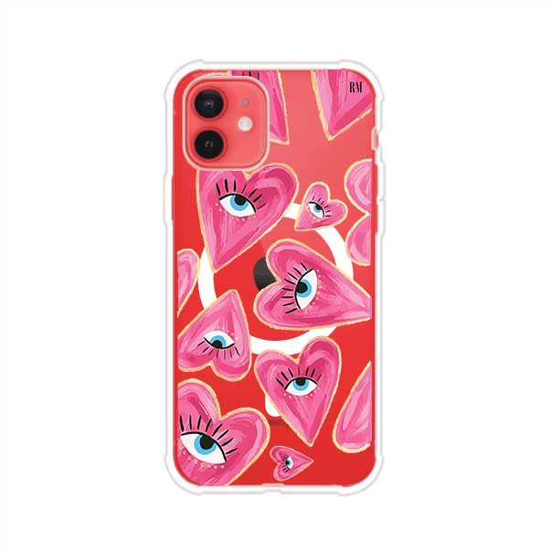 Funda para iPhone con corazones rosas ilustrados y ojos, diseño artístico y romántico. Ideal para expresar amor con estilo. Producto de Remark Mx