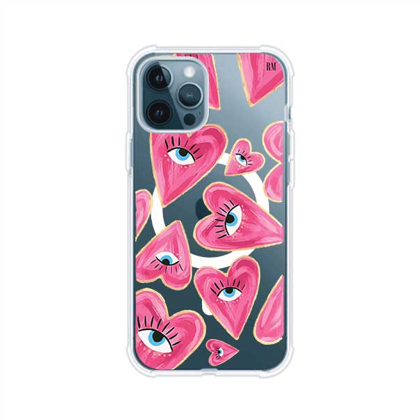 Funda para iPhone con corazones rosas ilustrados y ojos, diseño artístico y romántico. Ideal para expresar amor con estilo. Producto de Remark Mx