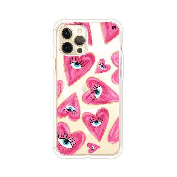 Funda para iPhone con corazones rosas ilustrados y ojos, diseño artístico y romántico. Ideal para expresar amor con estilo. Producto de Remark Mx