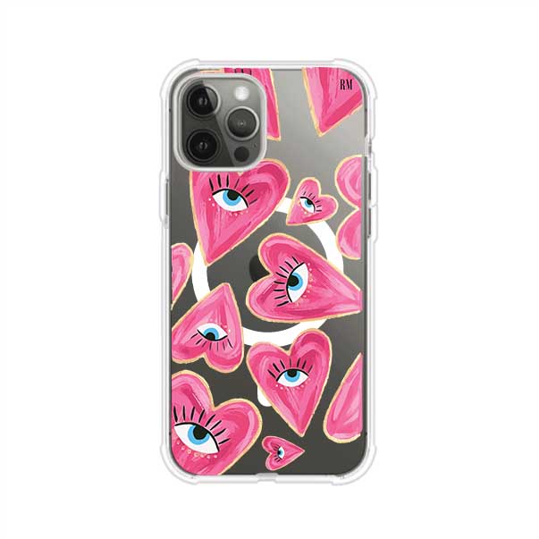 Funda para iPhone con corazones rosas ilustrados y ojos, diseño artístico y romántico. Ideal para expresar amor con estilo. Producto de Remark Mx