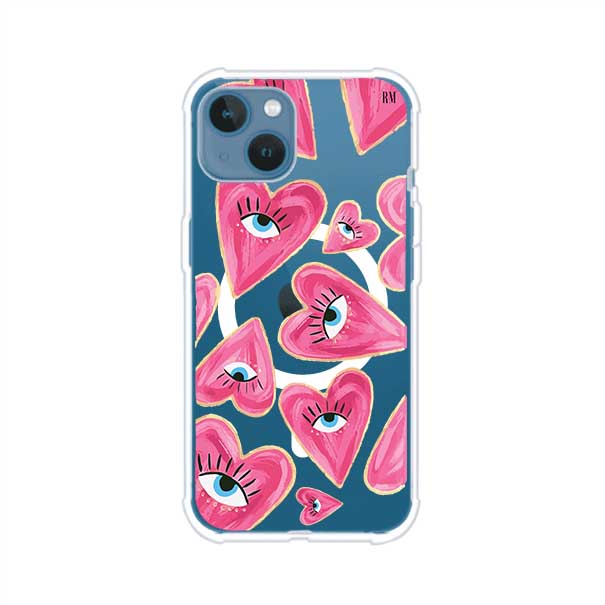 Funda para iPhone con corazones rosas ilustrados y ojos, diseño artístico y romántico. Ideal para expresar amor con estilo. Producto de Remark Mx