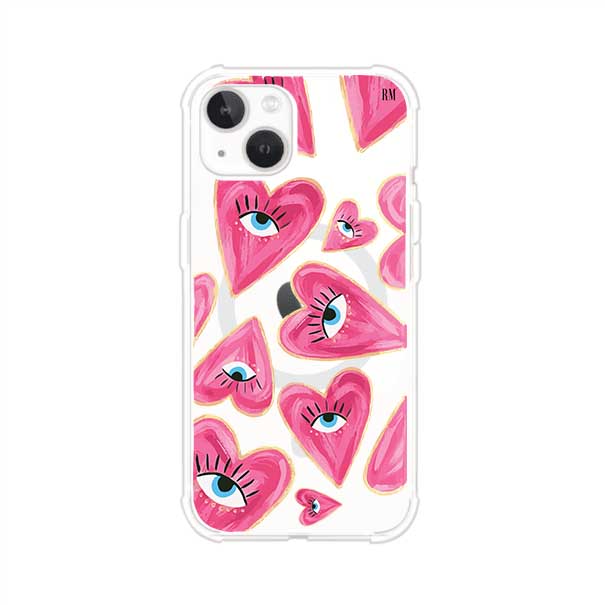 Funda para iPhone con corazones rosas ilustrados y ojos, diseño artístico y romántico. Ideal para expresar amor con estilo. Producto de Remark Mx