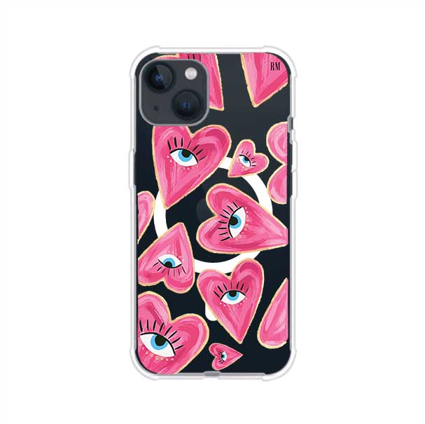 Funda para iPhone con corazones rosas ilustrados y ojos, diseño artístico y romántico. Ideal para expresar amor con estilo. Producto de Remark Mx