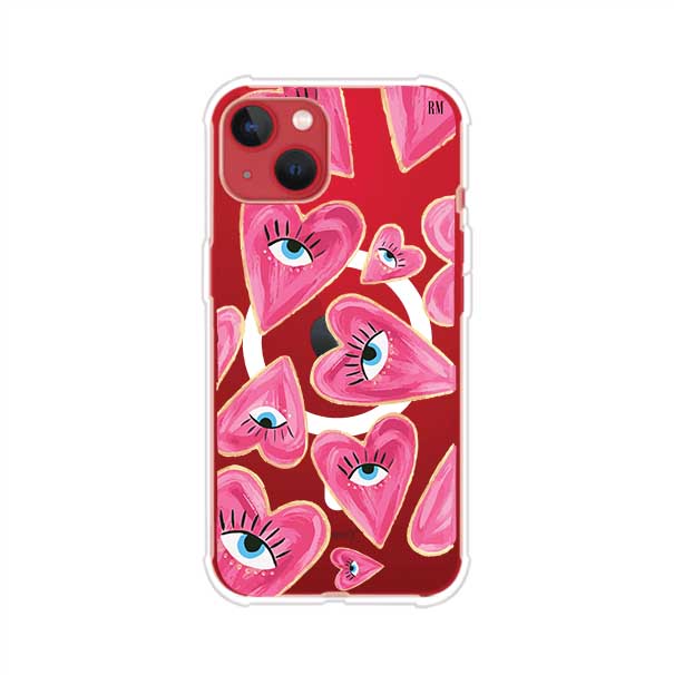 Funda para iPhone con corazones rosas ilustrados y ojos, diseño artístico y romántico. Ideal para expresar amor con estilo. Producto de Remark Mx