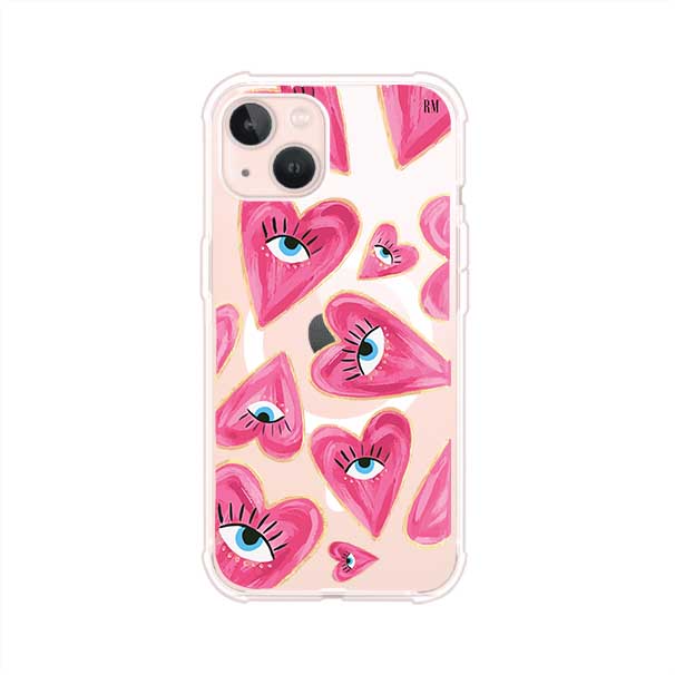 Funda para iPhone con corazones rosas ilustrados y ojos, diseño artístico y romántico. Ideal para expresar amor con estilo. Producto de Remark Mx
