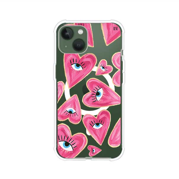 Funda para iPhone con corazones rosas ilustrados y ojos, diseño artístico y romántico. Ideal para expresar amor con estilo. Producto de Remark Mx