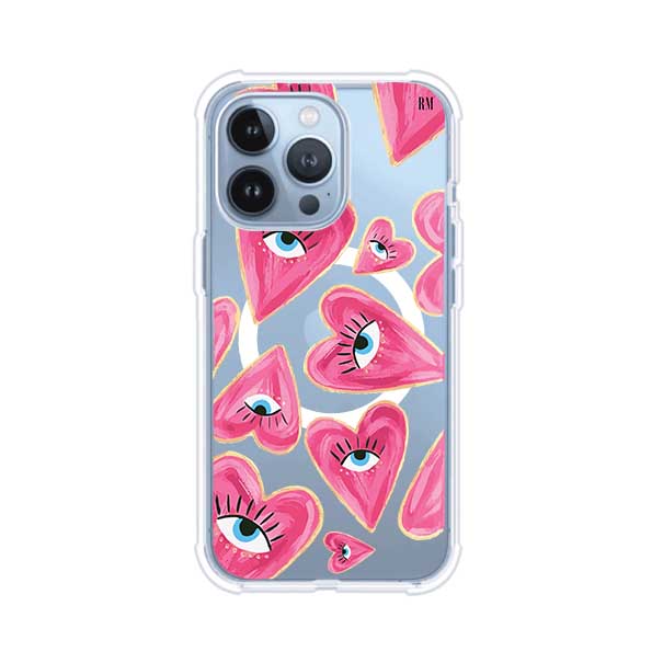 Funda para iPhone con corazones rosas ilustrados y ojos, diseño artístico y romántico. Ideal para expresar amor con estilo. Producto de Remark Mx