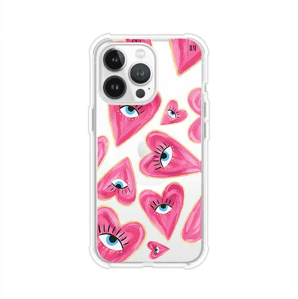 Funda para iPhone con corazones rosas ilustrados y ojos, diseño artístico y romántico. Ideal para expresar amor con estilo. Producto de Remark Mx