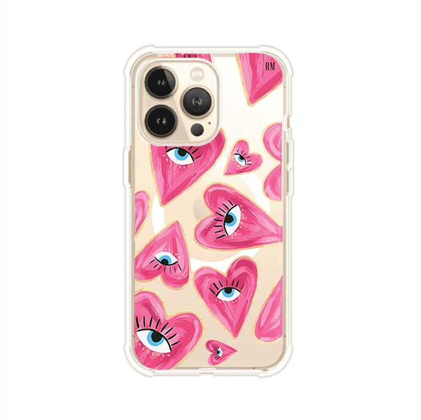 Funda para iPhone con corazones rosas ilustrados y ojos, diseño artístico y romántico. Ideal para expresar amor con estilo. Producto de Remark Mx
