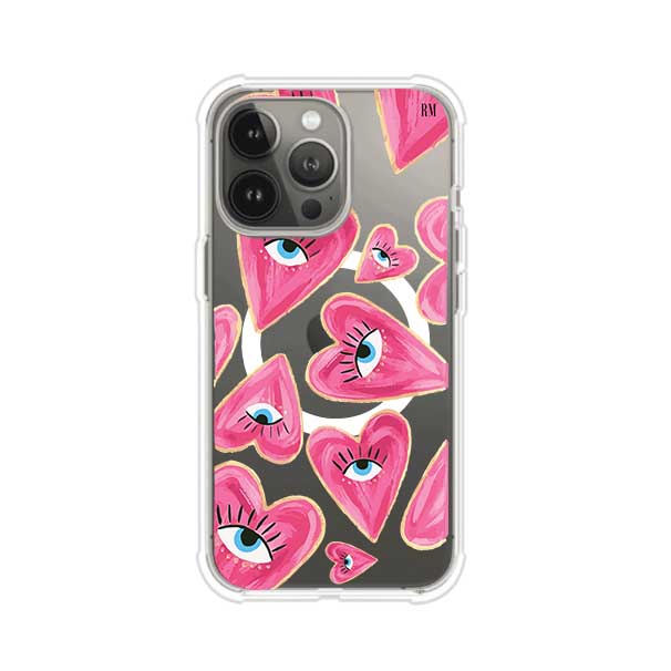 Funda para iPhone con corazones rosas ilustrados y ojos, diseño artístico y romántico. Ideal para expresar amor con estilo. Producto de Remark Mx