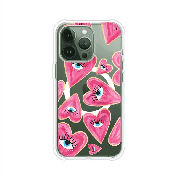 Funda para iPhone con corazones rosas ilustrados y ojos, diseño artístico y romántico. Ideal para expresar amor con estilo. Producto de Remark Mx