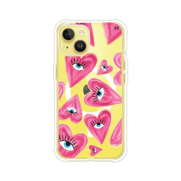 Funda para iPhone con corazones rosas ilustrados y ojos, diseño artístico y romántico. Ideal para expresar amor con estilo. Producto de Remark Mx