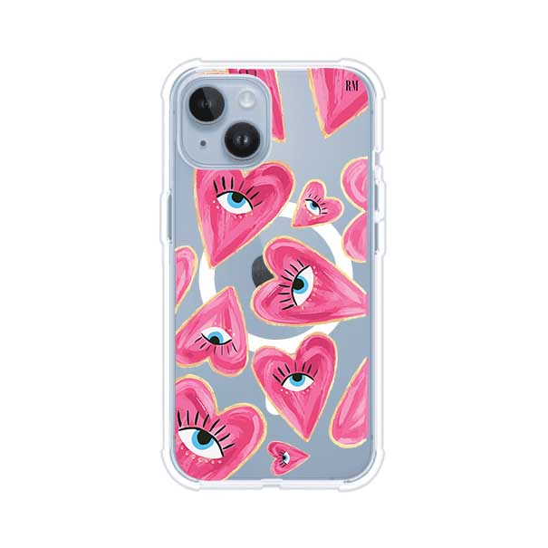 Funda para iPhone con corazones rosas ilustrados y ojos, diseño artístico y romántico. Ideal para expresar amor con estilo. Producto de Remark Mx