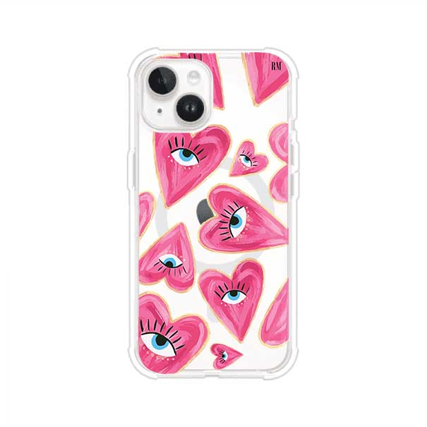 Funda para iPhone con corazones rosas ilustrados y ojos, diseño artístico y romántico. Ideal para expresar amor con estilo. Producto de Remark Mx