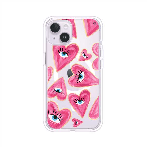 Funda para iPhone con corazones rosas ilustrados y ojos, diseño artístico y romántico. Ideal para expresar amor con estilo. Producto de Remark Mx