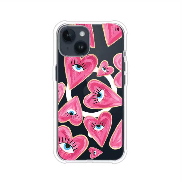 Funda para iPhone con corazones rosas ilustrados y ojos, diseño artístico y romántico. Ideal para expresar amor con estilo. Producto de Remark Mx