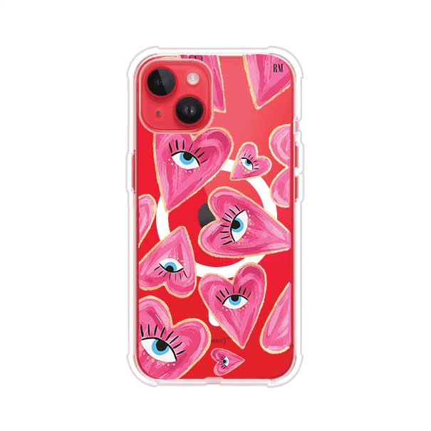 Funda para iPhone con corazones rosas ilustrados y ojos, diseño artístico y romántico. Ideal para expresar amor con estilo. Producto de Remark Mx