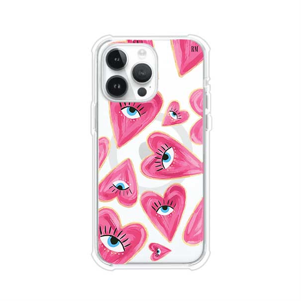 Funda para iPhone con corazones rosas ilustrados y ojos, diseño artístico y romántico. Ideal para expresar amor con estilo. Producto de Remark Mx