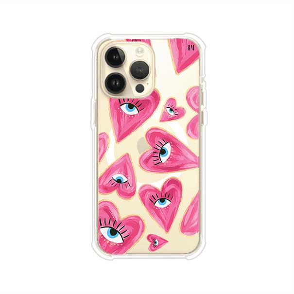 Funda para iPhone con corazones rosas ilustrados y ojos, diseño artístico y romántico. Ideal para expresar amor con estilo. Producto de Remark Mx
