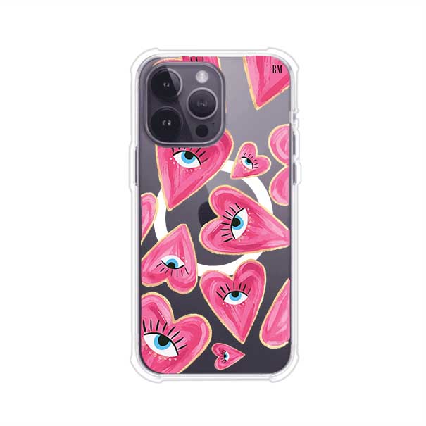 Funda para iPhone con corazones rosas ilustrados y ojos, diseño artístico y romántico. Ideal para expresar amor con estilo. Producto de Remark Mx