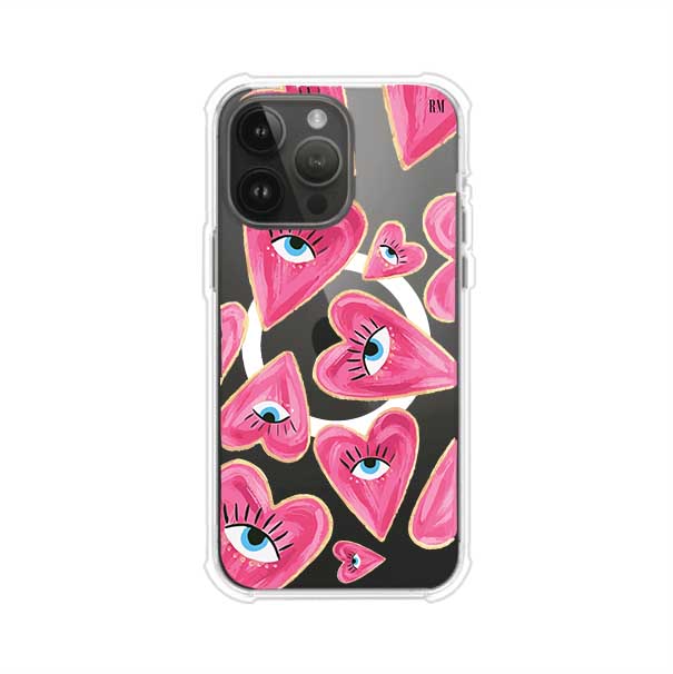 Funda para iPhone con corazones rosas ilustrados y ojos, diseño artístico y romántico. Ideal para expresar amor con estilo. Producto de Remark Mx