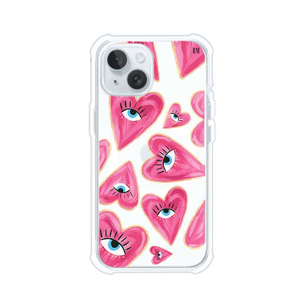 Funda para iPhone con corazones rosas ilustrados y ojos, diseño artístico y romántico. Ideal para expresar amor con estilo. Producto de Remark Mx