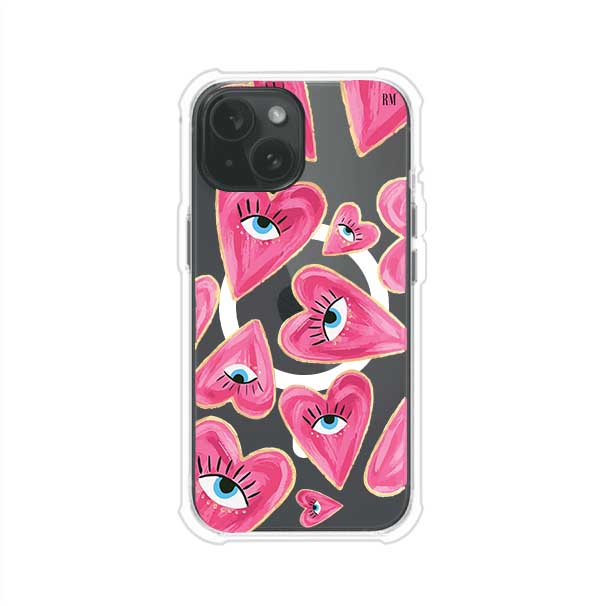 Funda para iPhone con corazones rosas ilustrados y ojos, diseño artístico y romántico. Ideal para expresar amor con estilo. Producto de Remark Mx