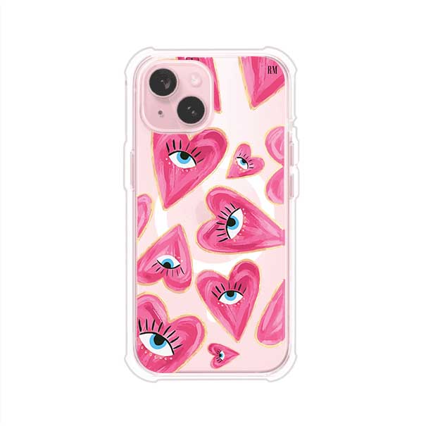 Funda para iPhone con corazones rosas ilustrados y ojos, diseño artístico y romántico. Ideal para expresar amor con estilo. Producto de Remark Mx