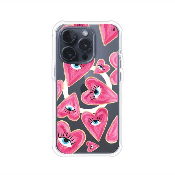 Funda para iPhone con corazones rosas ilustrados y ojos, diseño artístico y romántico. Ideal para expresar amor con estilo. Producto de Remark Mx