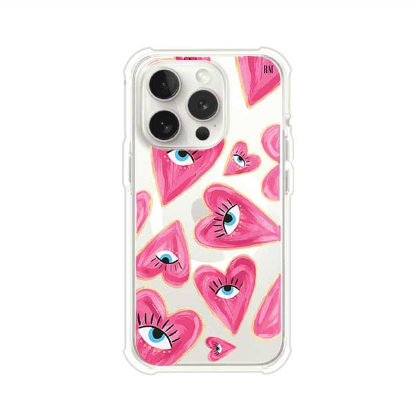 Funda para iPhone con corazones rosas ilustrados y ojos, diseño artístico y romántico. Ideal para expresar amor con estilo. Producto de Remark Mx