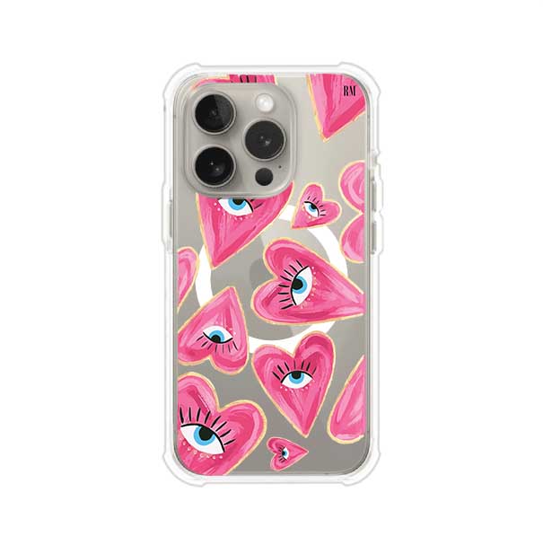 Funda para iPhone con corazones rosas ilustrados y ojos, diseño artístico y romántico. Ideal para expresar amor con estilo. Producto de Remark Mx