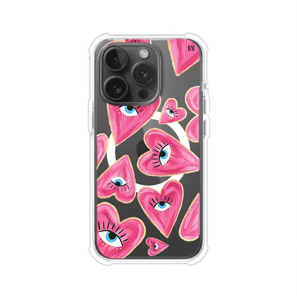 Funda para iPhone con corazones rosas ilustrados y ojos, diseño artístico y romántico. Ideal para expresar amor con estilo. Producto de Remark Mx
