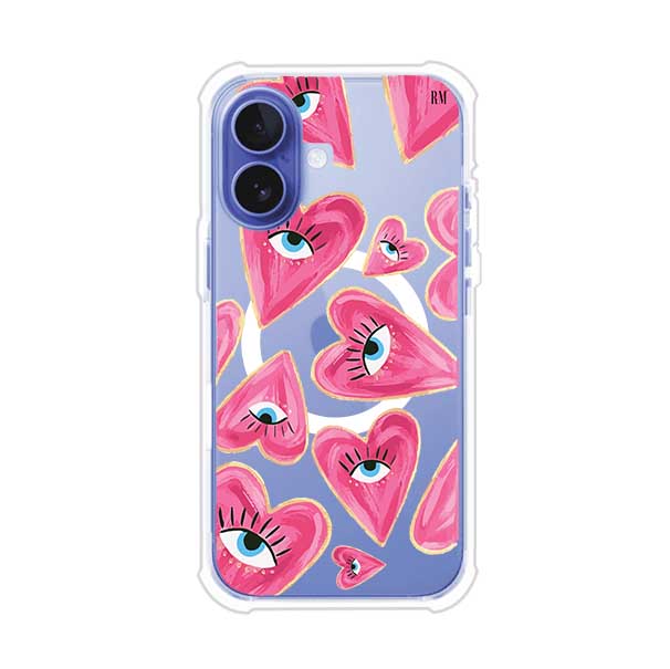 Funda para iPhone con corazones rosas ilustrados y ojos, diseño artístico y romántico. Ideal para expresar amor con estilo. Producto de Remark Mx